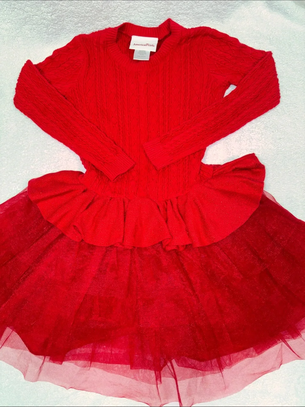 American Girl holiday Red Cable Knit Sweater Dress with Tulle Skirt small 7/8